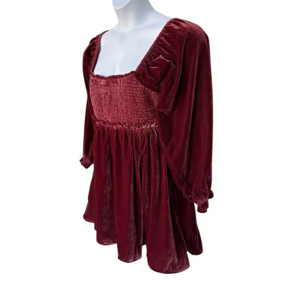 Free People Burgundy Velvet Babydoll Mini Dress w Smocked Bodice Lace Tie Back M - Picture 2 of 11